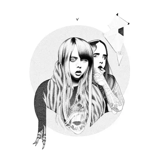 A black-grey tattoo of a TV screen showing Billie Eilish and Melanie Martinez performing together tattoo design idea