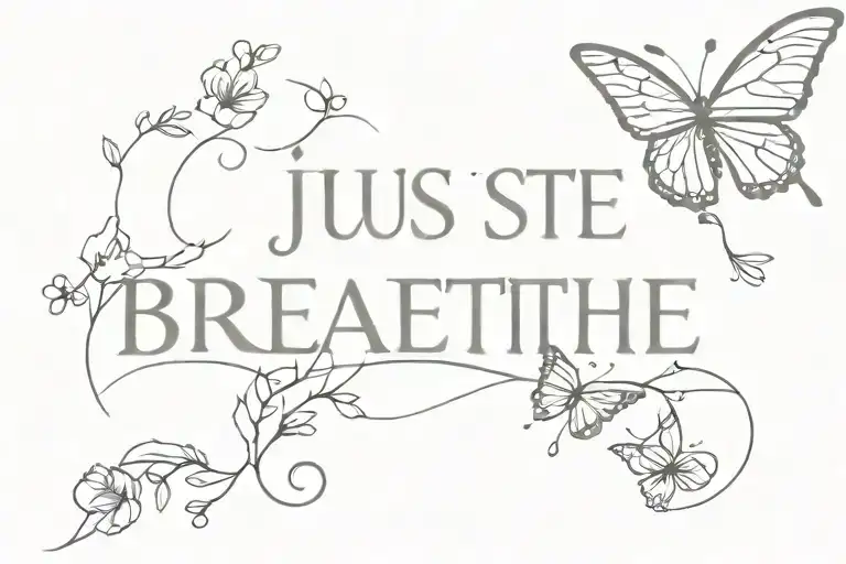 "just breathe" with flowers and butterflies  tattoo design idea