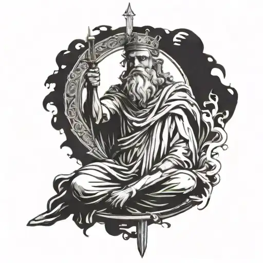 A stoic statue of a philosopher with a divine halo and sword of wisdom tattoo design idea