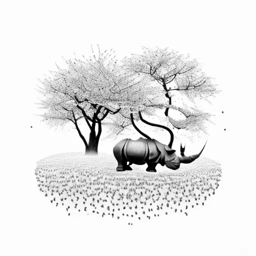 A majestic rhino meditating under a cherry blossom tree tattoo design idea
