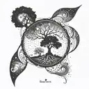 An abstract representation of evolution with a tree of life merging into a galaxy tattoo design idea