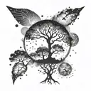 An abstract representation of evolution with a tree of life merging into a galaxy tattoo design idea