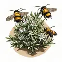 wild rosemary bush in sand with bumble bees flying above tattoo design idea