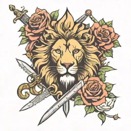 lion, snake, sword, roses, sun and moon  tattoo design idea