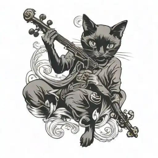 black cat wearing a ghost costume playing the violin tattoo design idea