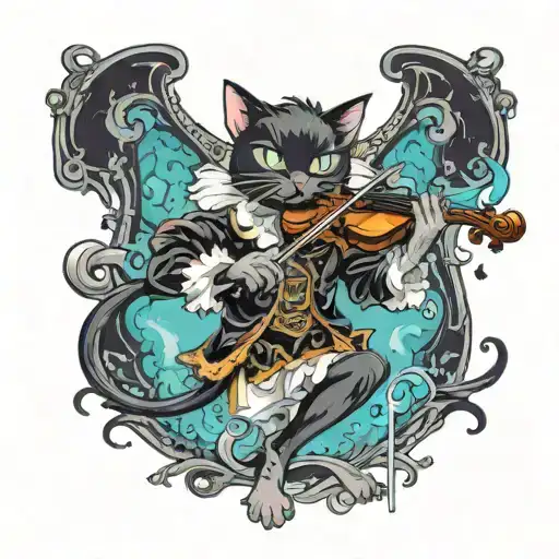 black cat in a ghost costume playing the violin tattoo design idea