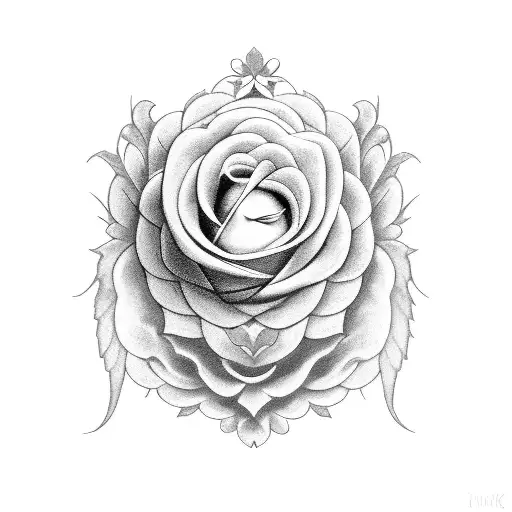 A mystical black and grey heart surrounded by angel wings and delicate rose vines, with the date 10.18.2011 subtly integrated tattoo design idea