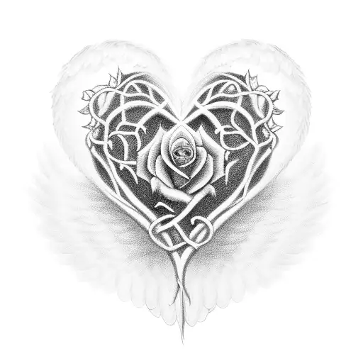 A heart surrounded by angel wings and rose vines, with the date 10.18.2011 integrated tattoo design idea