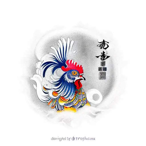 Japanese rooster, dynamic pose; waves background tattoo design idea