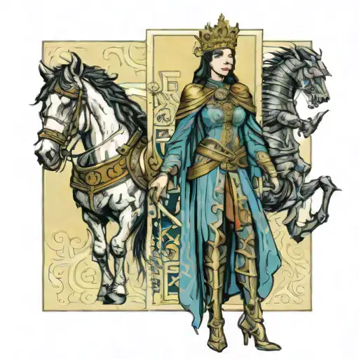 Above - tarot card of the Empress in fantasy clothes, Below - tarot card of the High Priestess in armor The Empress holds out tattoo design idea