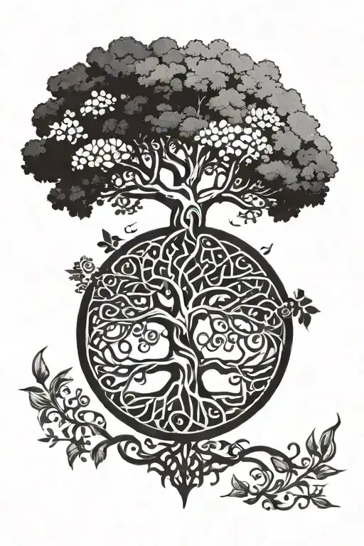 yggdrasil tree of life, name family members intertwined tattoo design idea