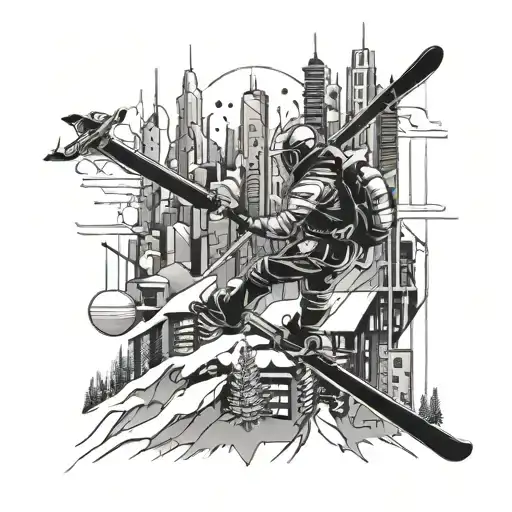 Skiing in a futuristic cityscape tattoo design idea