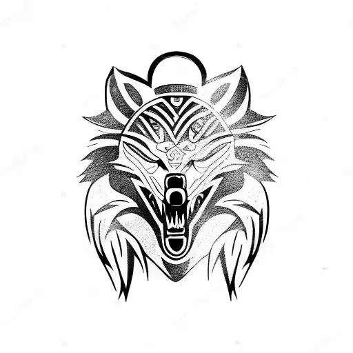 solid lines, no shading, Norse Raven Wolf circle tattoo design idea