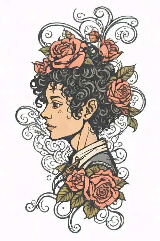 Curly boy with rose and font tattoo design idea