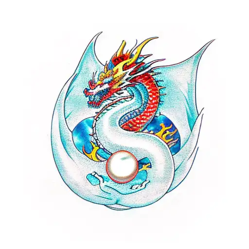 front facing dragon with feminene features and a pearl in one of its claws tattoo design idea