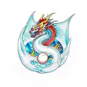 front facing dragon with feminene features and a pearl in one of its claws tattoo design idea