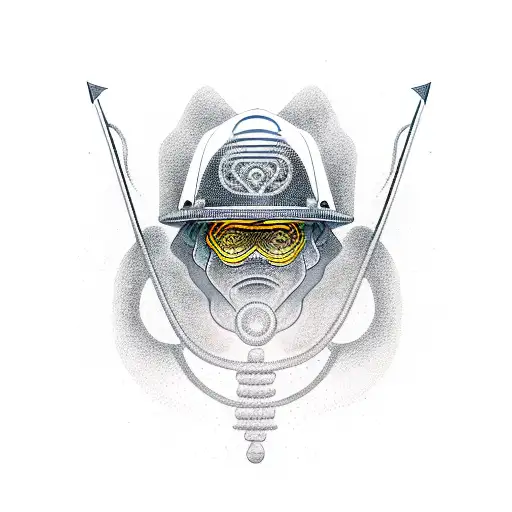 A dotwork design of a mining helmet with waves flowing out of it, symbolizing the client's interests in both mining and the nautical tattoo design idea