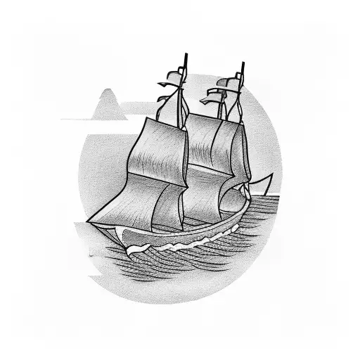 A blackwork tattoo of a ship sailing on a sea made of pickaxes tattoo design idea