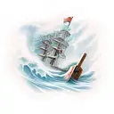 A pickaxe emerging from a wave, symbolizing the client's love for both mining and the nautical tattoo design idea