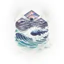 A pickaxe emerging from a wave, symbolizing the client's love for both mining and the nautical tattoo design idea