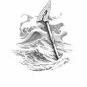 A pickaxe emerging from a wave, symbolizing the client's love for both mining and the nautical tattoo design idea