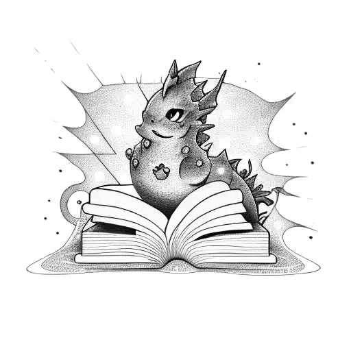 A dotwork tattoo of a stack of books with a Vaporeon peeking out from behind them tattoo design idea