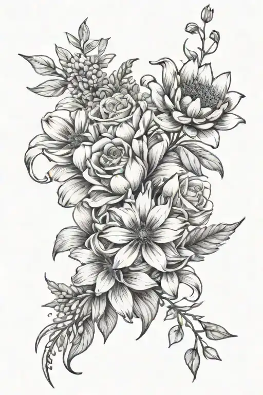 daisy sweet pea rose honey suckle larkspur water lily bouquet  tattoo design idea