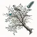 A branch from the tree of life but the leaves are also feathers and there are little birds. tattoo design idea