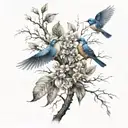 A branch from the tree of life but the leaves are also feathers and there are little birds. tattoo design idea