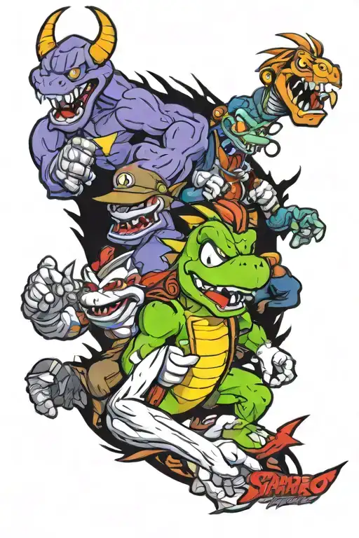 Mario Bros, Yoshi, Crash Bandicoot, Spyro The Dragon, God of War Kratos, Mortal Kombat Scorpion, Silent Hill tattoo design idea