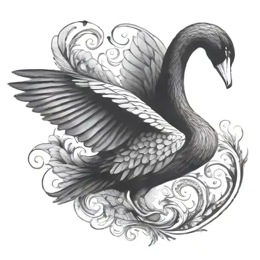 small tattoo elegant black swan with big long stretched wings flying tattoo design idea