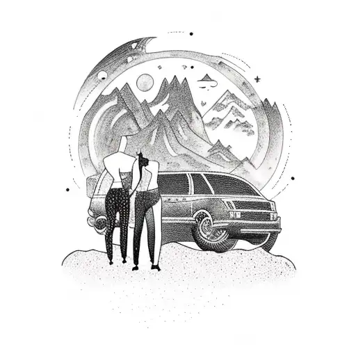 two people standing infront of a car on a dark mountain overlooking the night sky filled with vivid space  tattoo design idea