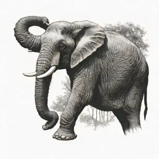 Elephant with trunk in the air, realistic, happy,  tattoo design idea