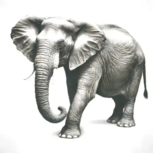 Elephant with trunk in the air, realistic, happy,  tattoo design idea
