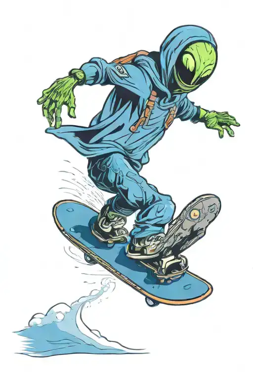 alien riding a snowboard wearing a beanie and baggy jeans tattoo design idea