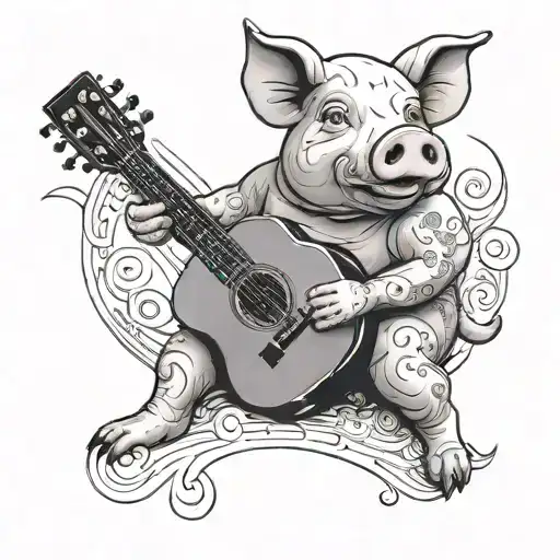 A pig playing a guitar in a minimalist style tattoo design idea