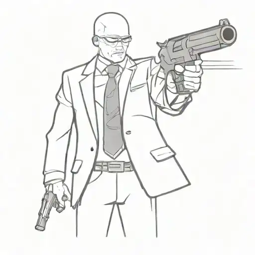 minimalistic hitman with a revolver wearing a suit tattoo design idea