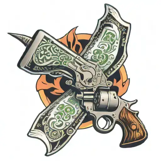 ace cards fan with revolver laying across and banner wrapping around  tattoo design idea