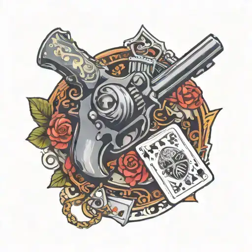 ace cards fan with revolver laying across tattoo design idea