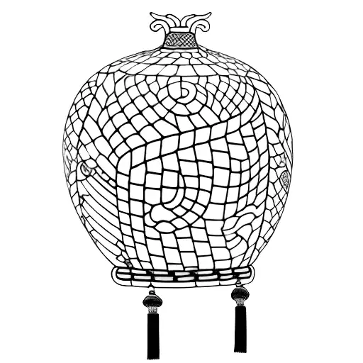 a chinese gourd with a long tassle which has a jade pendant on it. the gourd has painted ceramic-style designs on it.  tattoo design idea