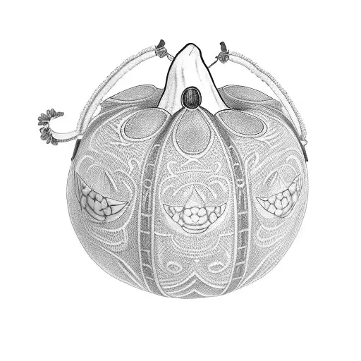 a calabash gourd with a jade tassle around the middle. the gourd has painted ceramic-style designs on it.  tattoo design idea
