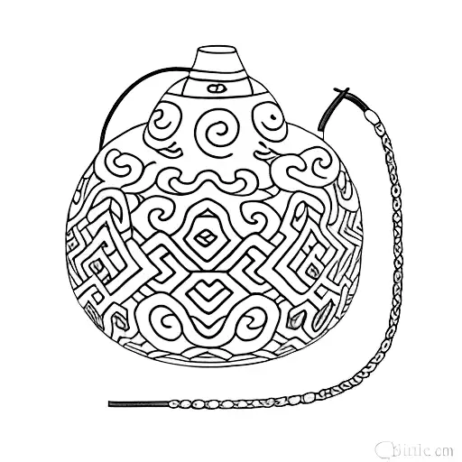simple chinese gourd with a long tassle which has a jade pendant on the end. the gourd has ceramic-style designs on it tattoo design idea