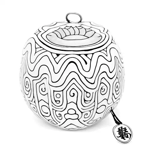 a calabash gourd with a tassle which has a jade pendant on it. the gourd has painted ceramic-style designs on it.  tattoo design idea