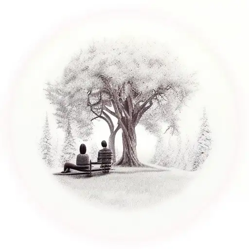 A realism style tattoo of you enjoying your alone time, sitting under a tree in Olympus, surrounded by serene nature and mythical creatures tattoo design idea