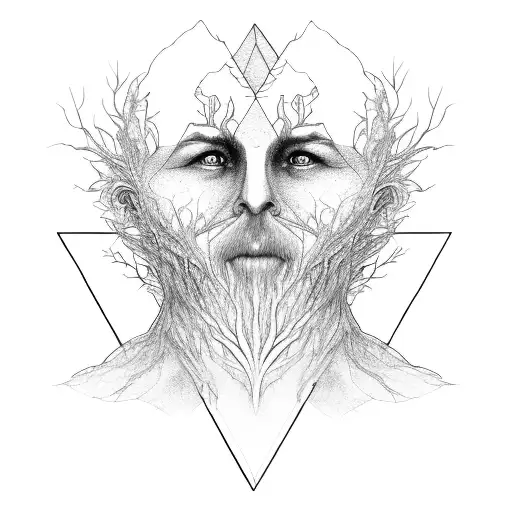 a tree as a human in the style of Tolkien's treebeard reaching towards the sun, thriving, line art, with a triangle back tattoo design idea