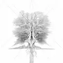 a tree as a human in the style of Tolkien's treebeard reaching towards the sun, thriving, line art, with a triangle back tattoo design idea