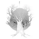 a tree as a human in the style of Tolkien's treebeard reaching towards the sun, thriving, line art, with a triangle back tattoo design idea