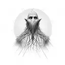 a tree as a human in the style of Tolkien's treebeard reaching towards the sun, thriving, line art, with a triangle back tattoo design idea