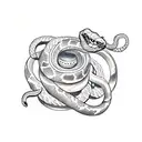 A tattoo of a snake wrapped around a movie reel, in dotwork style tattoo design idea