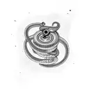 A tattoo of a snake wrapped around a movie reel, in dotwork style tattoo design idea